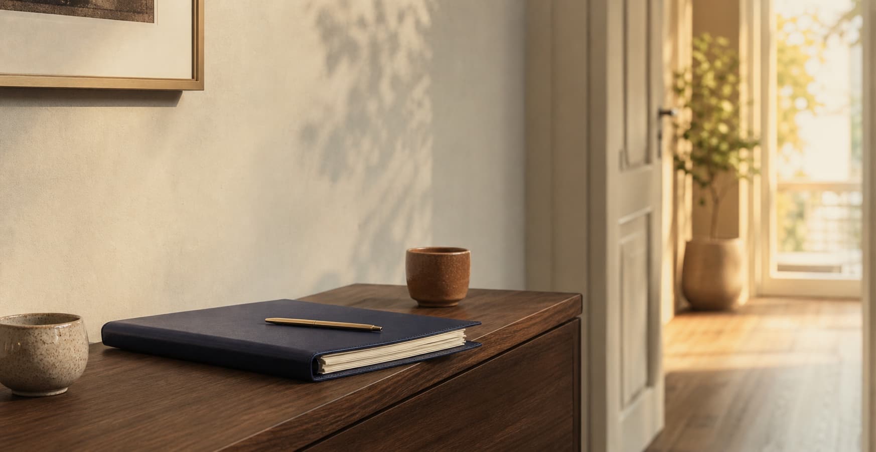 A finished document folder resting in warm afternoon light