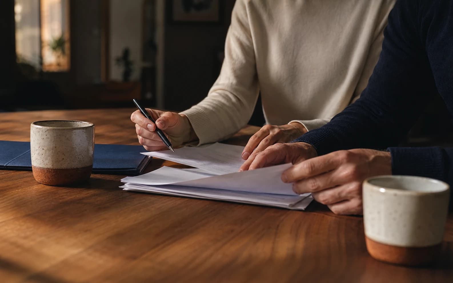 Two people calmly organizing their papers together